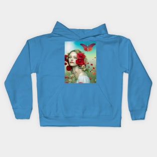 Pop surrealist painting of a pretty girl with poppy flowers Kids Hoodie